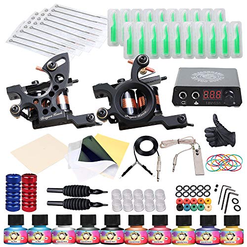 Dragonhawk Traditional Pro Complete Tattoo Kit - Two Machines Gun Easy Use 10 Color Inks Power Supplies Disposable Needles Grips Great for Beginners & Starter Tattoo Aritsts 11-85