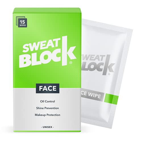 SweatBlock Antiperspirant Face Wipes for Men & Women - Helps Control Oily Skin, Shine & Facial Perspiration - Enhances Makeup Longevity - Clinically Tested - Vitamin E - Box of 15 Travel Size Wipes