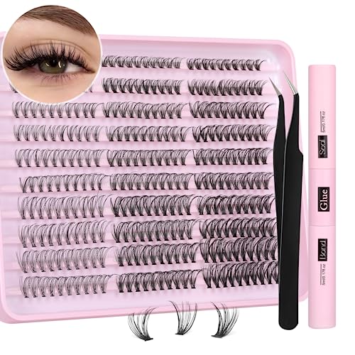 Lash Extension Kit 300 Pcs Lash Clusters Individual Lashes Eyelash Extension Kit with Strong Hold Lash Bond and Seal and Cluster Eyelashes Applicator Tool Eyelash Extensions Kit (20D/30D/40D)