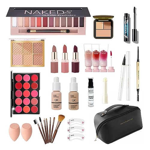 All In One Makeup Kit for Women Full Kit, Full Starter Cosmetics Set with Eye Shadow Palette Lip Balm Blush Lip Gloss Brush Concealer Foundation Eyeliner Eyebrow Pencil Lipstick Mascara,Black