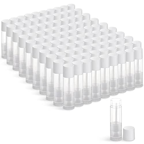 JIUZHU 100 Sets Empty Lip Balm Tubes Bulk Round with White Caps for DIY Lipstick homemade, 3/16 Oz (5.5 ml), Clear, BPA Free, 100 Tubes and 100 Caps