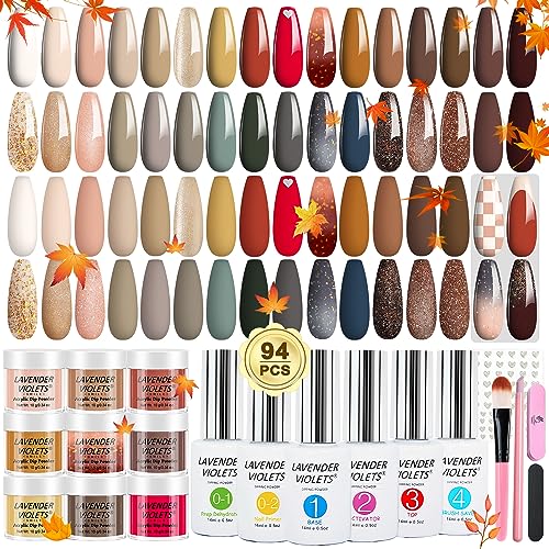 Lavender Violets 94 Pcs Dip Powder Nail Kit Starter, 30 Colors Acrylic Dipping Nails Powder with Dip Nail Liquid Set and Nail Art Tool, Nude Brown Green Blue Fall Winter Dips Manicure B704