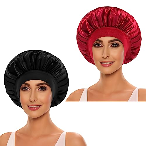 2Pcs Satin Bonnet for Sleeping, Silk Hair Wrap for Curly Hair with Elastic Wide Band, Black Satin Bonnet for Women SELALU (Black, Red)