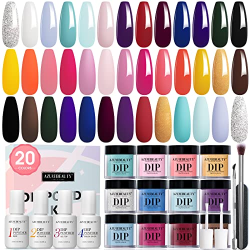 AZUREBEAUTY Dip Powder Nail Kit, All Seasons 20 Color Dip Nails Powder Starter Set Classic Color Dip with Liquid Top/Base Coat Activator for French Nail Art Manicure DIY Salon