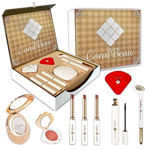 CoralBeau Shell Makeup Set - All in One Makeup Kit for Women with Compact BB Cream Powder, Eyeshadow Palette with Brown Shades, Eye Shadow Brush, Mascara, 3 Lipsticks, Necklace - Make Up Gift Set Box