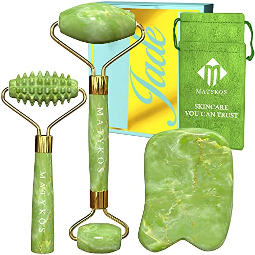 Premium Certified Jade Roller Gift and Gua Sha Set - Includes Two Anti Aging Rollers and Gua Sha Facial Tool - Face and Body Massager for Your Skincare Routine