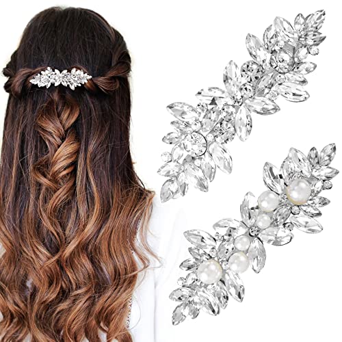 HINZIC 2Pcs Rhinestone Hair Clips Flower Hair Barrettes Crystal Pearl French Hairpins Hair Clip Wedding Accessories for Women Girls Bridal