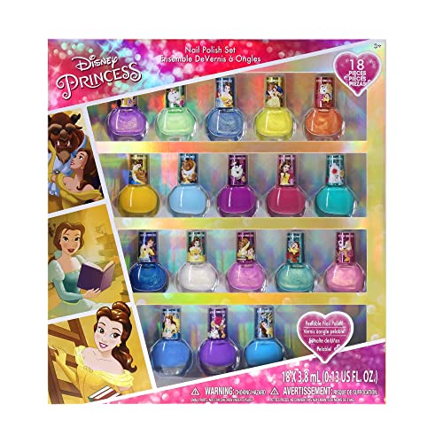 Townley Girl Disney Princess Belle 18 Pcs Non-Toxic Peel-Off Water-Based Safe Quick Dry Nail Polish Kit| Birthday Gift Nail Paint Set for Girls, Glittery and Opaque Colors| Kids Ages 3+