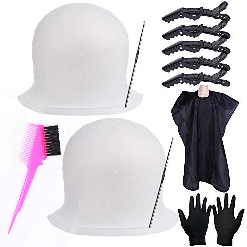 Silicone Highlight Caps Set for Color Hair 2 PCS Professional Reusable Highlighting Caps with Hooks & Salon Hairdressing Dyeing Staining Tools for Women Men