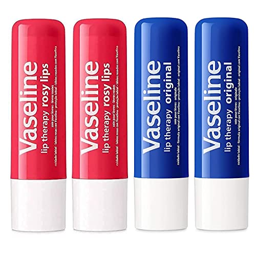 Vaseline Lip Therapy Stick, Rosy Lips and Original Variety Pack | Petroleum Jelly Vaseline Lip Balm | 4.8g each (4 Pack)