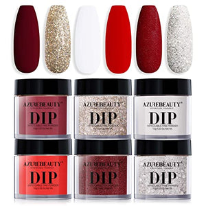 AZUREBEAUTY Dip Powder Nail Set, Red Burgundy Rose Apple Berry Sparkle Snow White Silver Glitter Gift, 6 Colors Fall Winter Dipping Powder Starter Kit Nail Art Manicure DIY Salon, No Need Nail Lamp Cured