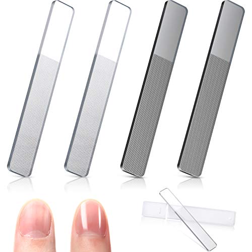 4 Pieces Glass Nail Shiner Crystal Nail Shine Buffer Polisher Crystal Glass Nano Nail File with Case for Natural Nails (White and Black Flat End)