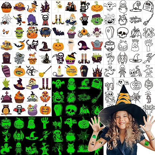 600pcs Halloween Temporary Tattoos for Kids, Assorted Colorful & Glow in the Dark Tattoo Stickers, Halloween Decorations Supplies, Party Favors, Goodie Bag Fillers, Gifts for Boys and Girls