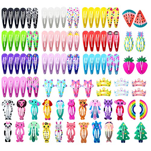 Funtopia Hair Clips for Girls,100 Pcs No Slip Metal Snap, Barrettes for Kids Teens Women, Cute Candy Color Cartoon Design Hair Pins (Animals Fruits Crowns Stars)