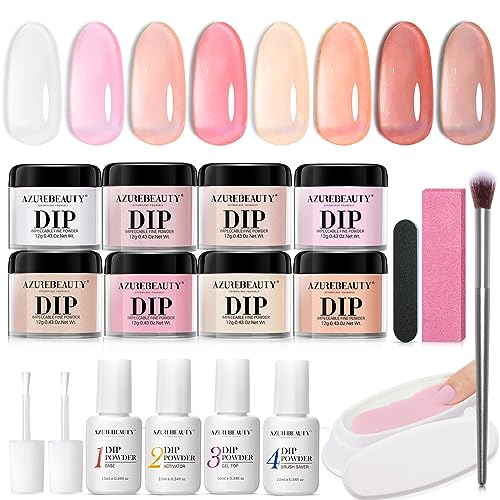 AZUREBEAUTY Dip Powder Nail Kit Starter 8 Translucent Nude White Pink Sheer Neutral Colors, Semi-transparent Natural Clear Dipping Powder Milky Jelly Effect French Nail Art Manicure Salon DIY at Home