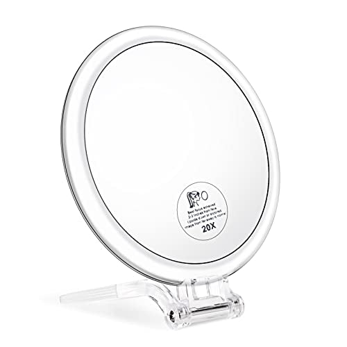 JMH Magnifying Handheld Mirror Double Sided, 1X 20X Magnification Hand Mirror, Travel Folding Held Adjustable Rotation Pedestal, Portable Small Makeup Mirror, 6 Inch