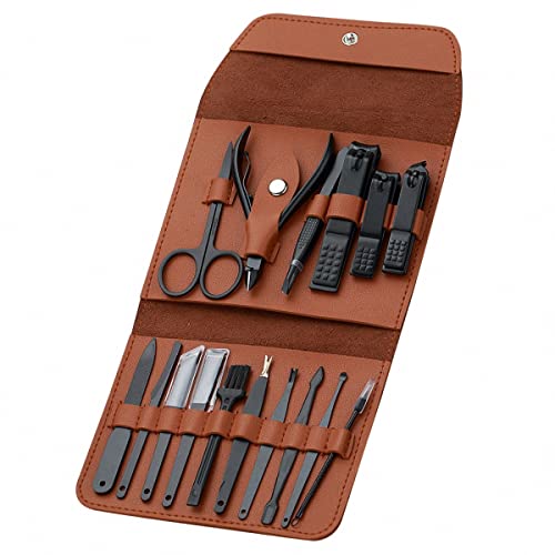 16 Pieces Manicure Set, Pedicure Kit, Nail Clippers, Stainless Steel Professional Personal Care Tool Kit, Nail Tools with Brown Leather Case, Gifts for Men