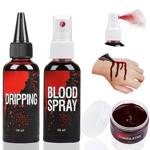 Fake Blood Set, 2.1oz Fake Blood Spray and 2.1oz Dripping Blood and 1.41oz Coagulated Gel Blood, Halloween Washable Fake Blood Makeup for Clothes, Zombie, Vampire Cosplay & Dress Up