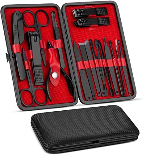Vabogu Manicure Set, Pedicure Kit, Nail Clippers, Professional Grooming Kit, Nail Tools 8 In with Luxurious Travel Case For Men and Women 2020 Upgraded Version, Black, 1 Count