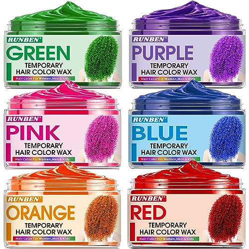 6 Color Temporary Hair Color Wax,Blue Green Purple Pink Orange Red Hair Dye Natural Instant Hair Wax Color,DIY Temporary Hair Color for Kids Women Men Daily Party Cosplay Halloween Hair Color Gift Set