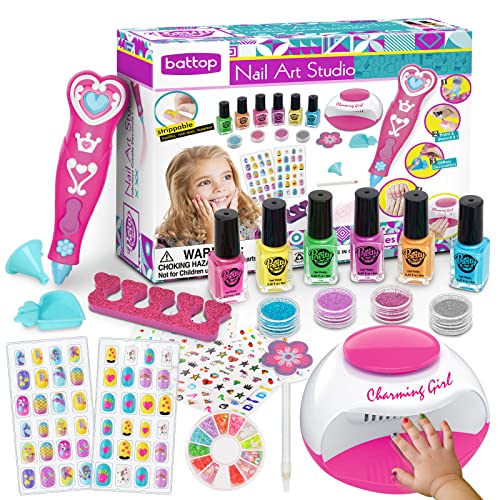 BATTOP Kids Nail Polish Set for Girls, Nail Art Kits with Nail Dryer & Glitter Pen, Quick Dry & Peel Off & Non-Toxic Nail Polish Birthday Gifts for Girls Ages 8-12