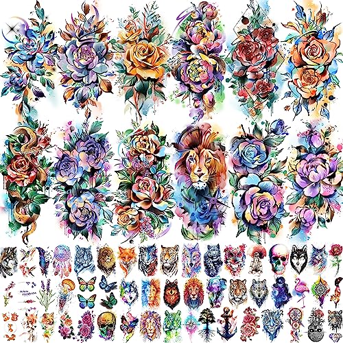 EGMBGM 63 Sheets 3D Watercolor Rose Temporary Tattoos For Women Arm Girls Adults, Water Color Peony Flower Tattoo Stickers, Fake Tattoos That Look Real and Last Long, Bulk Colorful Floral Lion Temp Tattoos Moon Snake