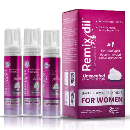 Remixidil Women’s 5% Minoxidil Foam | Hair Regrowth Treatment for Women | Clinically Proven Formula for Hair Loss and Hair Growth | Unscented Topical Aerosol Treatment for Thinning Hair | 3-Month Supply