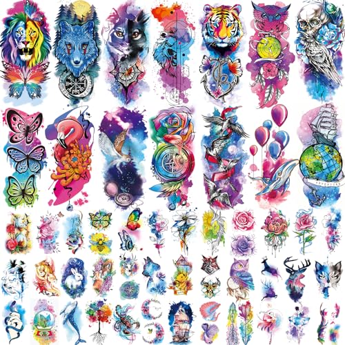 JEEFONNA 86 Sheets Temporary Tattoo, 14 Sheets Large Half Arm Fake Tattoos, Flower Cat Owl Lion Temporary Tattoos for Women Men, 72 Sheets Tiny Waterproof Semi Permanent Temporary Tattoos Realistic for Women Girls Kids Adults
