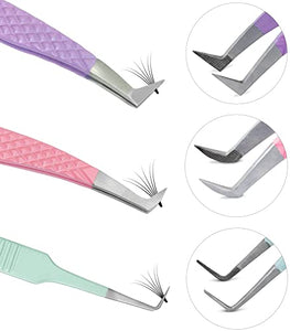 SIVOTE Lash Tweezers for Eyelash Extensions Fiber Tips, Set of 3, Volume, Volume Boot, 90 Degree Tweezers, Pastel Colors