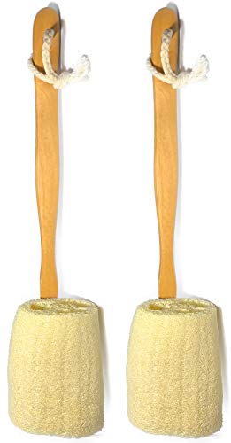2 Pack Natural Exfoliating Loofah luffa loofa Bath Brush On a Stick - with Long Wooden Handle Back Brush for Men & Women - Shower Sponge Body Back Scrubber