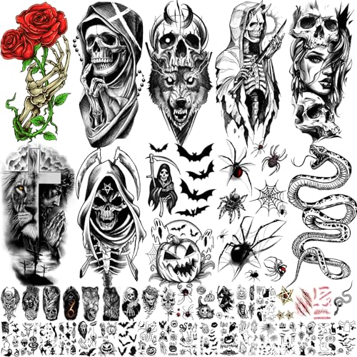 52 Sheets Halloween Temporary Tattoos for Kids Men and Women, Include 10 Sheets Large Half Arm Sleeve Fake Tattoos, 200+ PCS Spider Scorpion Snake Tiger Lion Skull Bat Vampire Scar Fake Tattoo Sticker
