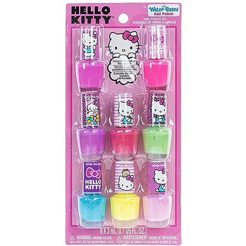 Townley Girl Hello Kitty 8 Pack Nail Polish,Water-Based, Non-Toxic, Peel-Off Set Girls Kids Ages 3+, Perfect for Parties, Sleepovers & Makeovers