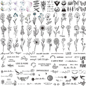 JEEFONNA Realistic Temporary Tattoos, 100 Sheets 240+ Pcs Tiny Fake Tattoos, Include 40 Sheets Inspirational Words Tattoo, 60 Sheets Butterflies Owls Feathers Hills Trees Wild Floral Flower Temporary Tattoos Stickers for Women Adult Kids (Bigger Size)