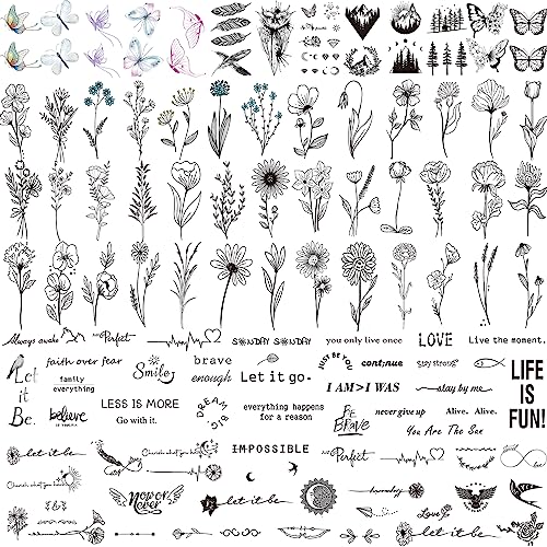 JEEFONNA Realistic Temporary Tattoos, 100 Sheets 240+ Pcs Tiny Fake Tattoos, Include 40 Sheets Inspirational Words Tattoo, 60 Sheets Butterflies Owls Feathers Hills Trees Wild Floral Flower Temporary Tattoos Stickers for Women Adult Kids (Bigger Size)