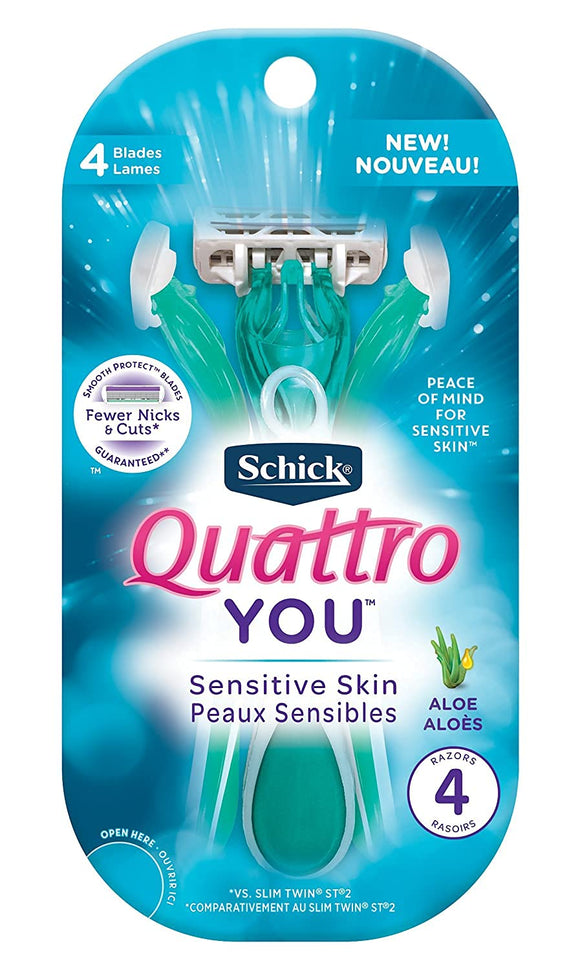 Schick Quattro YOU Sensitive Piece Of Mind Disposable Razor for Women, 4 Count (Pack of 2)