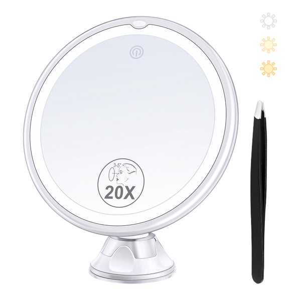 B Beauty Planet 2023 Upgraded Magnifying Mirror with Light, 20X Lighted Magnifying Mirror with Suction Cup and Tweezers, 3 Colors Vanity Mirror, 360 Rotation, Makeup Mirror with Lights 8 Inches